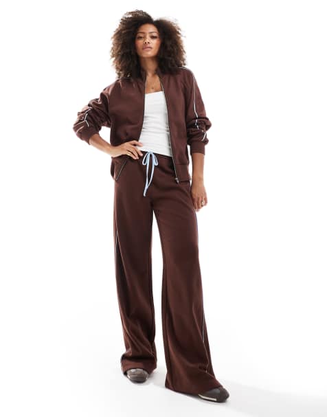 ASOS DESIGN zip through jacket and sweatpants set with side stripe in brown - view 1