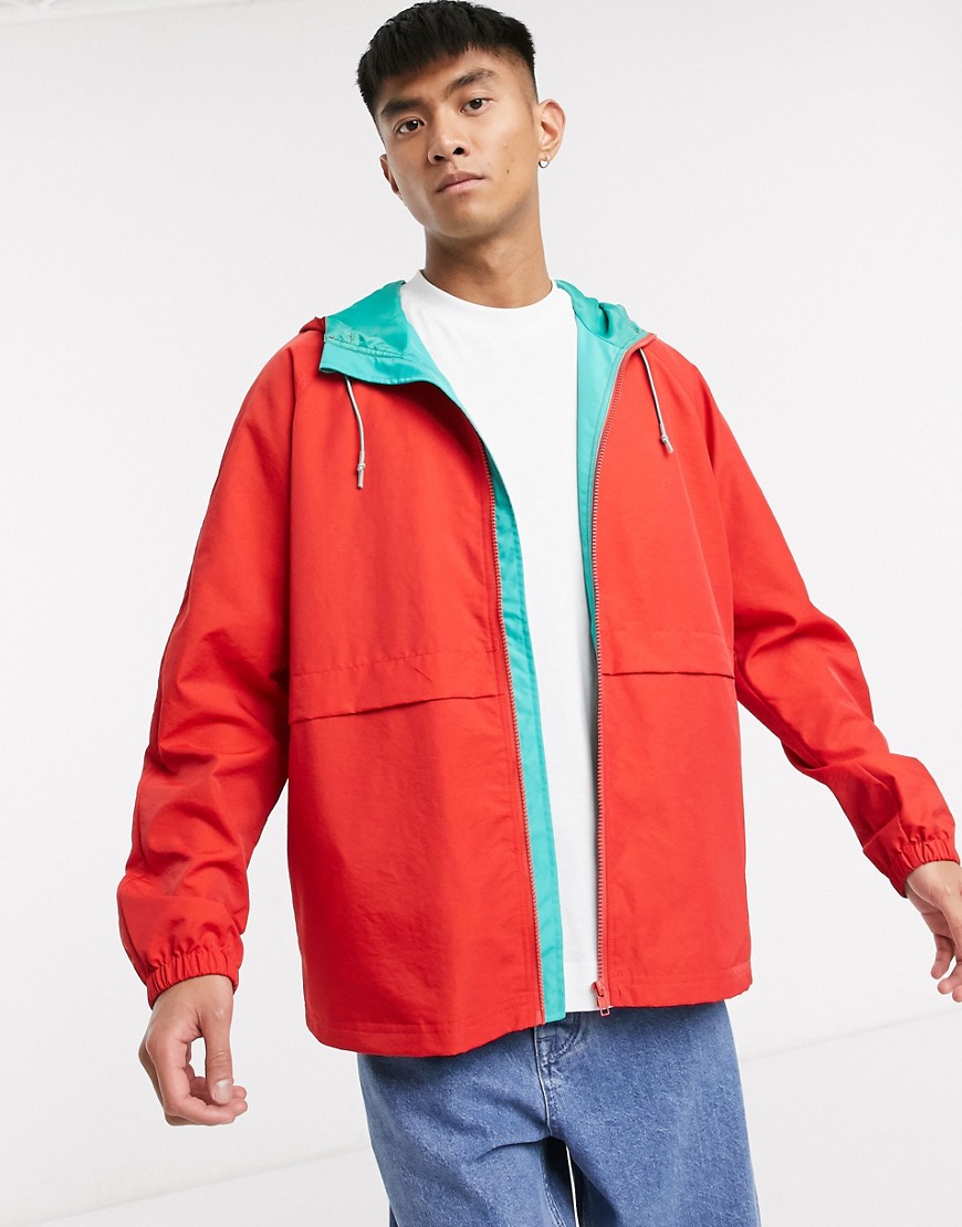 ASOS DESIGN zip through jacket in red with contrast teal lining