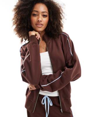 zip through jacket with side stripe in brown - part of a set