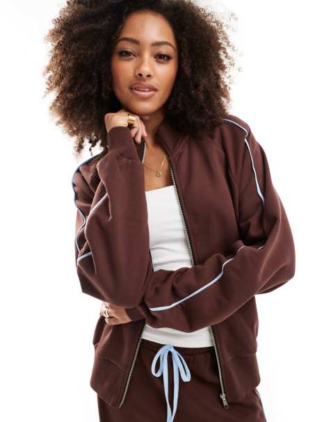 ASOS DESIGN zip through jacket with side stripe in brown - part of a set - view 1