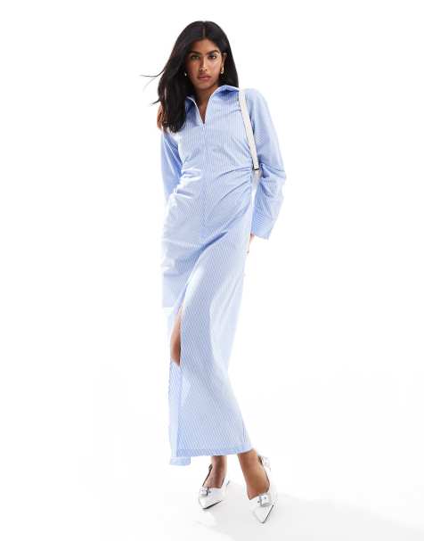 ASOS DESIGN zip through maxi shirt dress in blue and white stripe - view 1