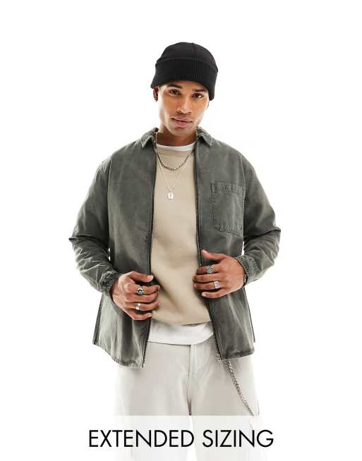 ASOS DESIGN zip through overshirt with contrast collar in charcoal acid wash
