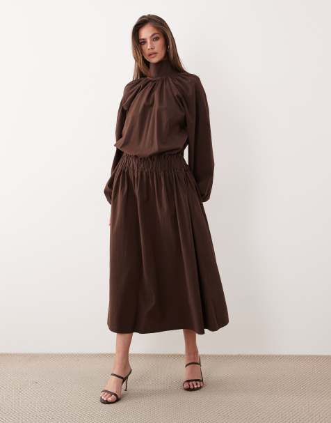 ASOS DESIGN zip through poplin volume pleat maxi dress in chocolate brown