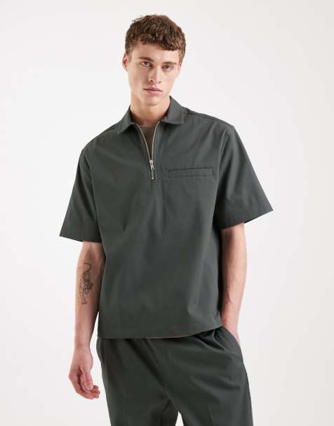 ASOS DESIGN zip through relaxed overhead shirt in khaki (part of a set) - view 1