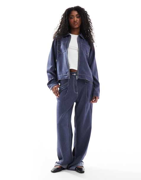 ASOS DESIGN zip through shirt and trousers co-ord in denim look - view 1