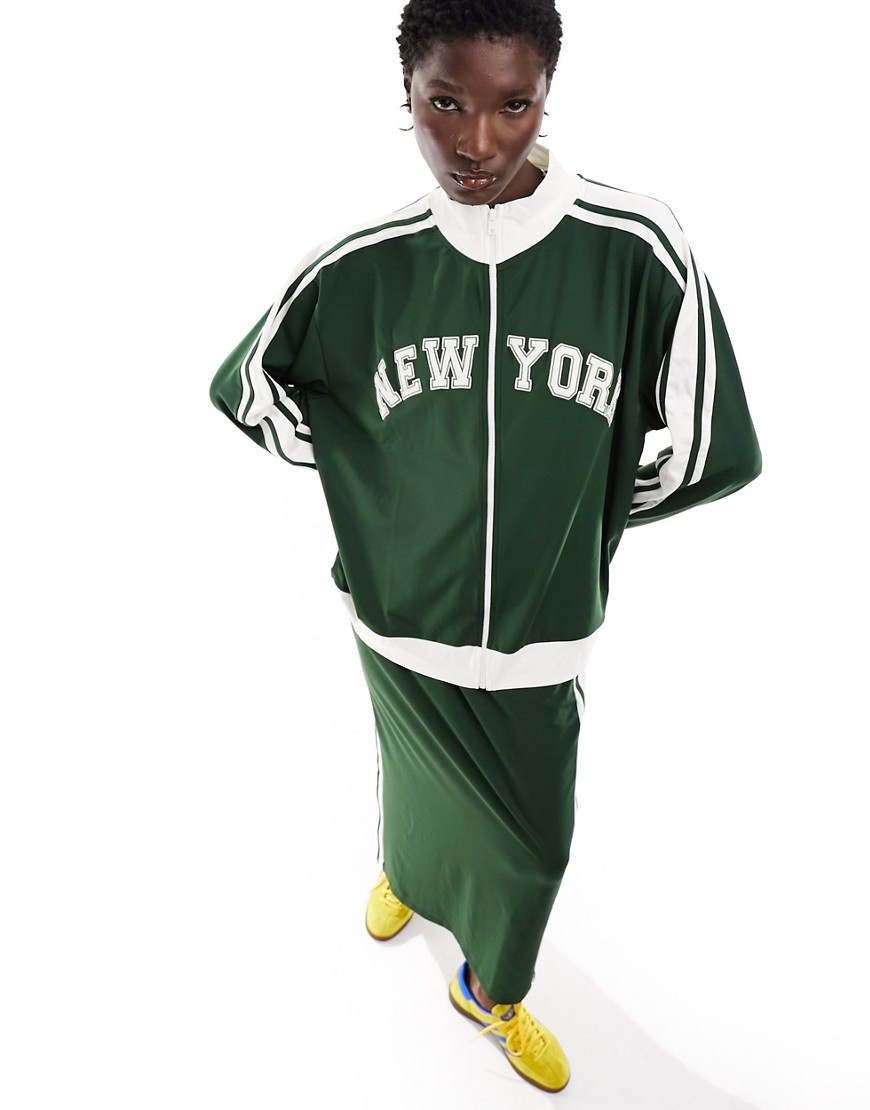 ASOS DESIGN zip through track jacket co-ord with new york graphic in green