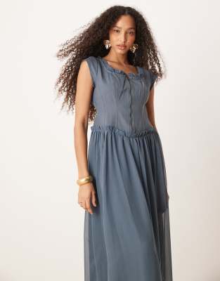 Asos Design Zip Through Twill Bodice Midi Dress In Denim Blue