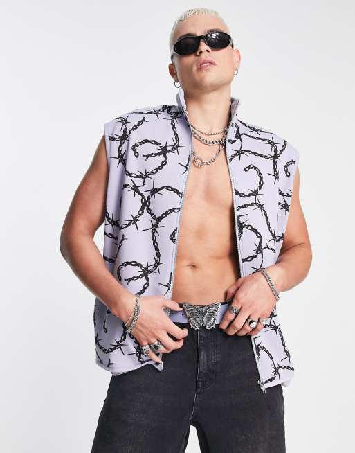 ASOS DESIGN zip through vest in purple with all -over barbed wire print