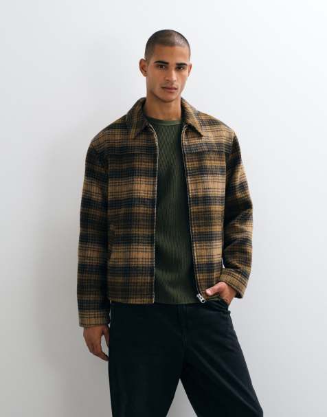 ASOS DESIGN zip through wool look jacket in beige check - view 1