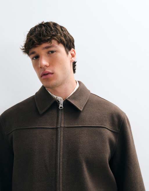 ASOS DESIGN zip through wool look jacket in brown, 4 of 5