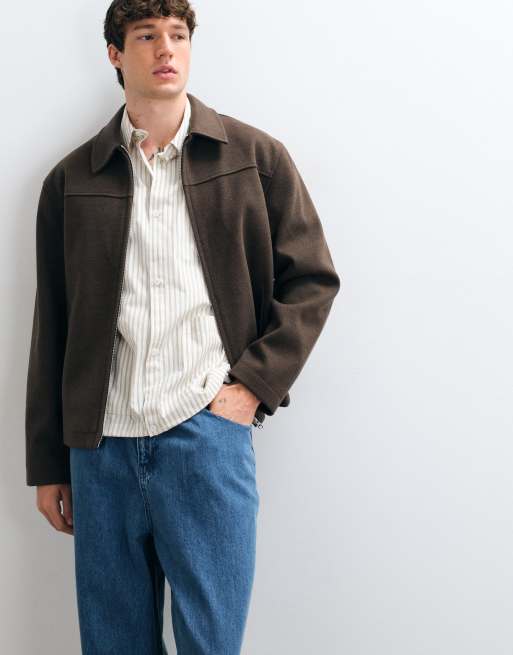 ASOS DESIGN zip through wool look jacket in brown, 5 of 5