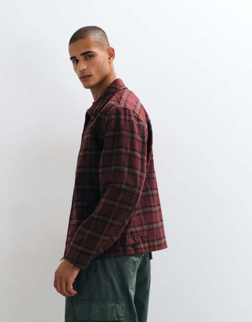 ASOS DESIGN zip through wool look jacket in burgundy check, 4 of 5