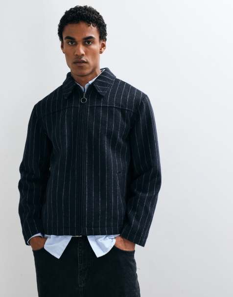 ASOS DESIGN zip through wool look jacket in pinstripe in black - view 1