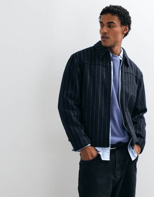 ASOS DESIGN zip through wool look jacket in pinstripe in black, 2 of 5