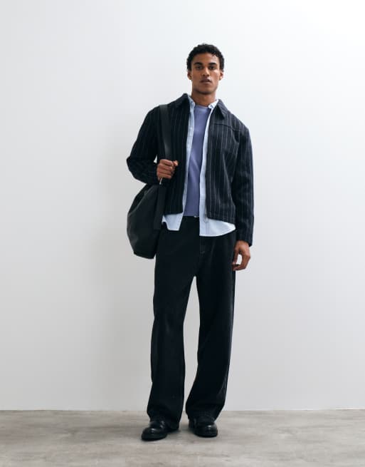 ASOS DESIGN zip through wool look jacket in pinstripe in black, 3 of 5