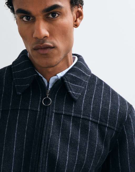 ASOS DESIGN zip through wool look jacket in pinstripe in black, 4 of 5