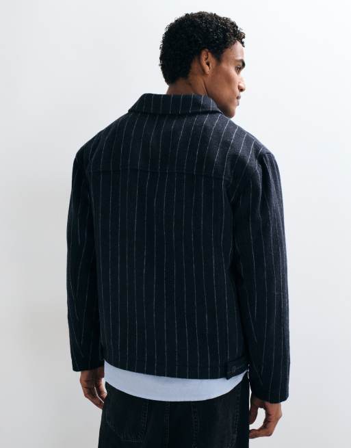 ASOS DESIGN zip through wool look jacket in pinstripe in black, 5 of 5