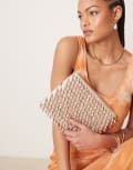 [ASOS DESIGN] ASOS DESIGN zip top clutch bag in all over beads in rose gold No Size GOLD