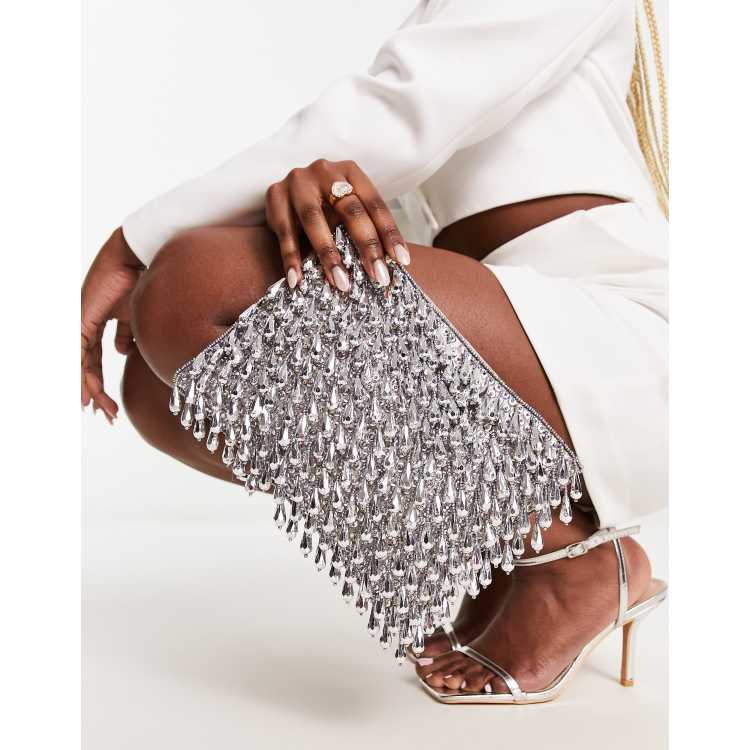 ASOS DESIGN zip top clutch bag in all over beads in silver
