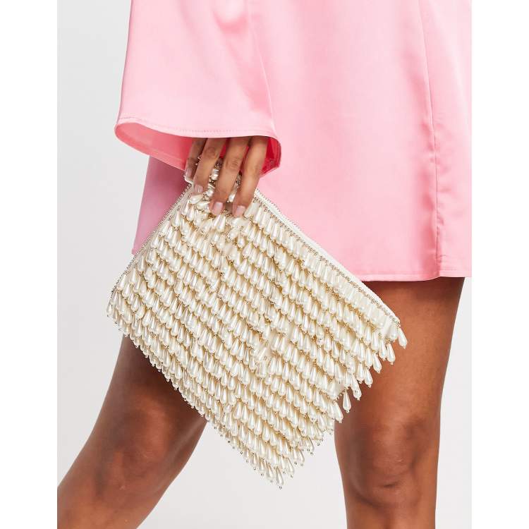 ASOS DESIGN zip top clutch bag in all over pearl in cream BEIGE