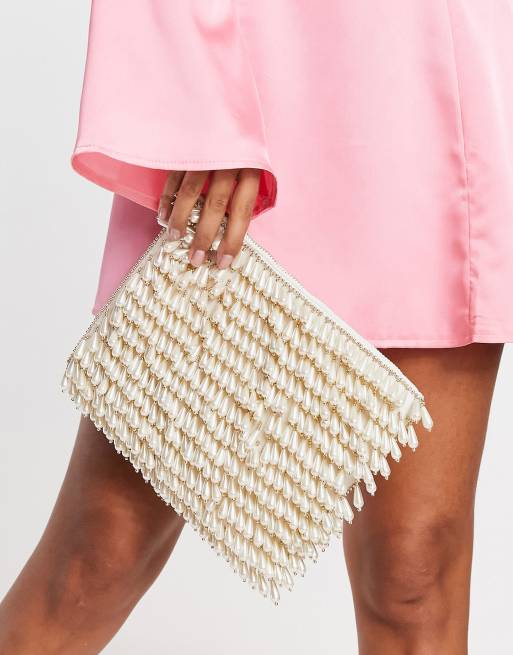 ASOS DESIGN zip top clutch bag in all over pearl in cream BEIGE