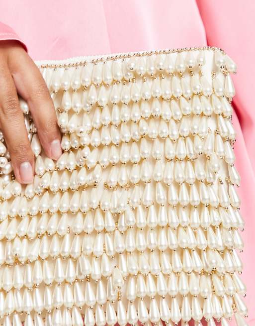 ASOS DESIGN zip top clutch bag in all over pearl in cream, 3 of 4