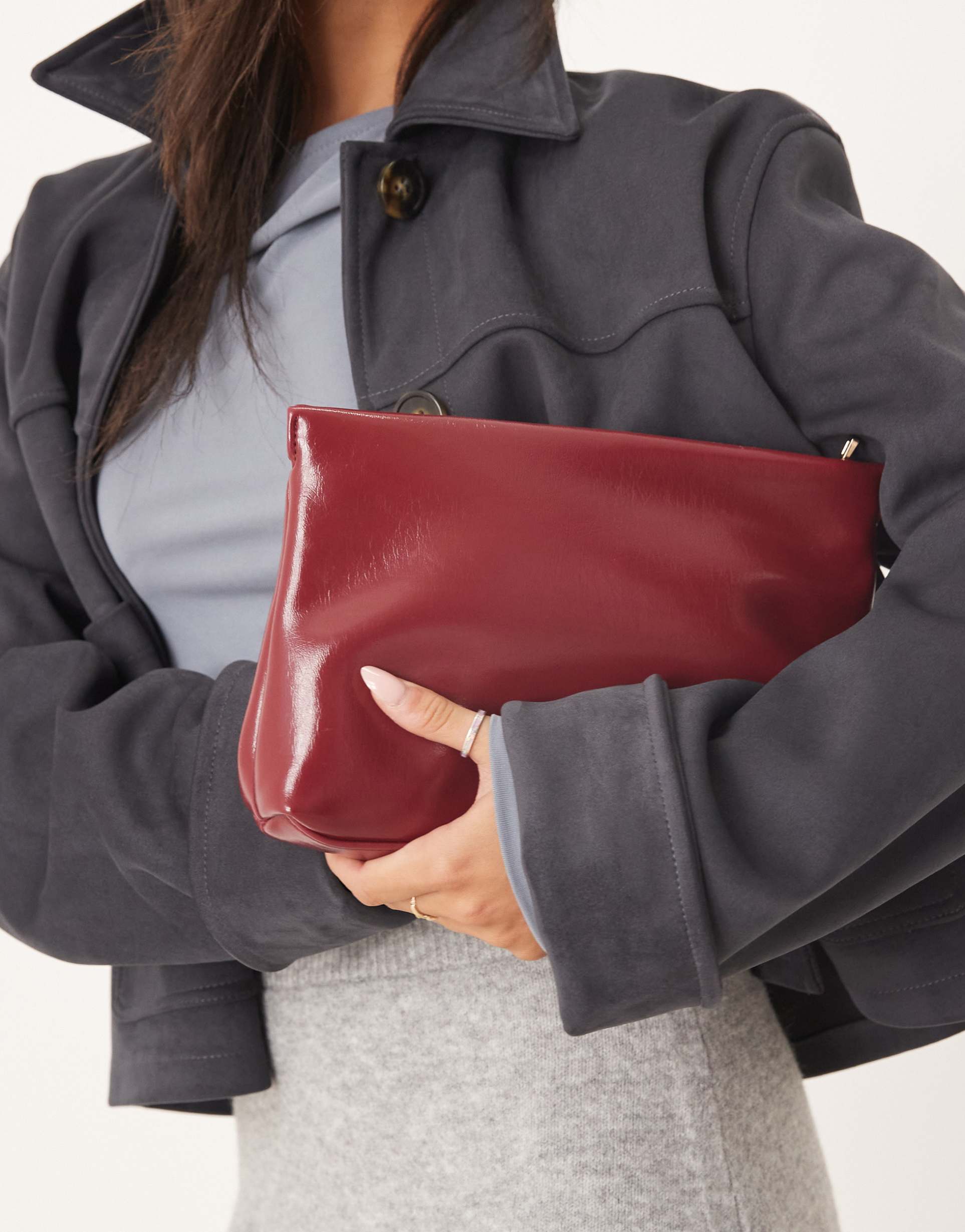 asos design zip top clutch bag in burgundy