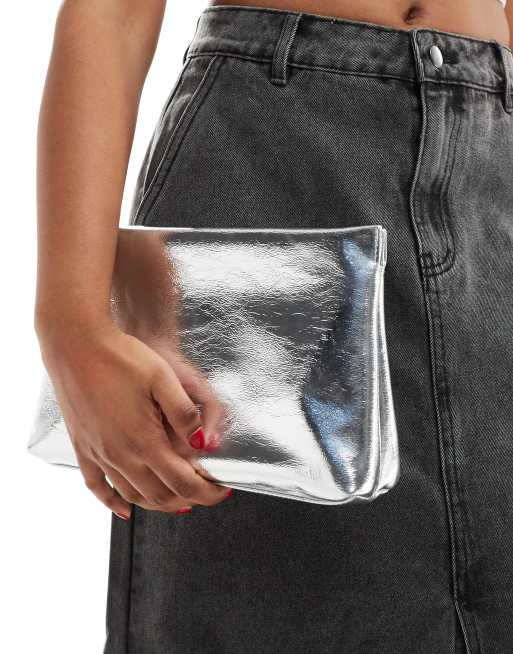 FhyzicsShops DESIGN zip top clutch bag in metallic silver