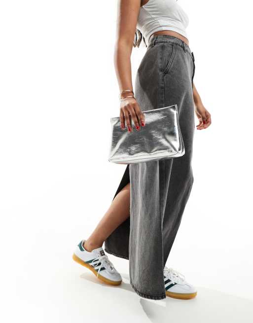 ASOS Design Zip Top Clutch Bag in Metallic Silver