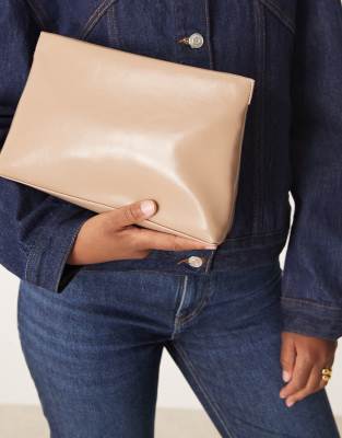 Asos Design Zip Top Clutch Bag In Brown