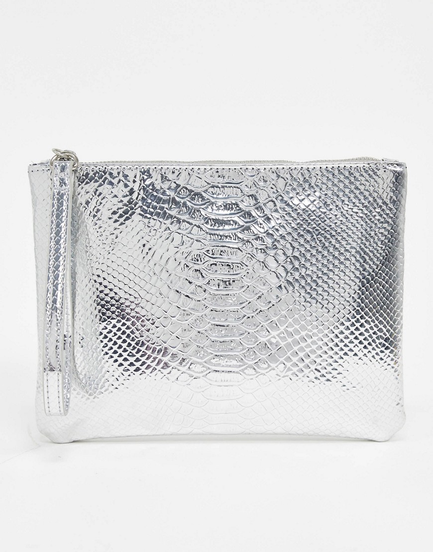 Asos Design Zip Top Clutch Bag In Metallic Snake-silver
