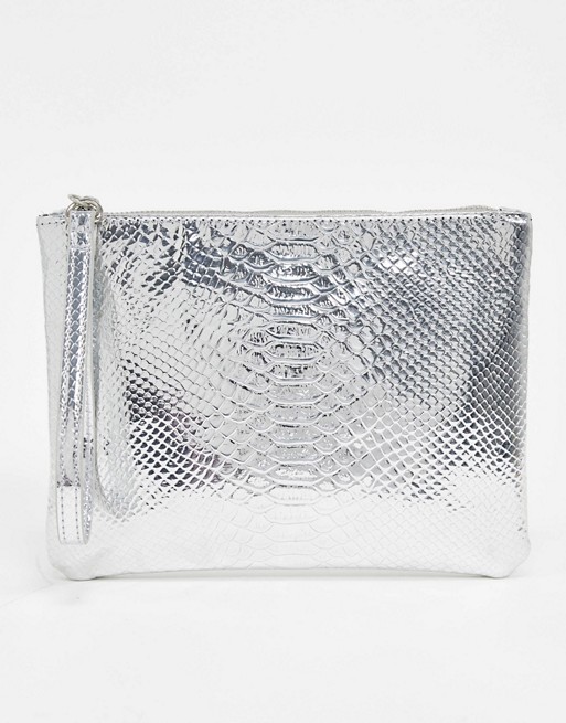 ASOS DESIGN zip top clutch bag in metallic snake
