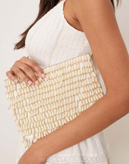 ASOS DESIGN zip top clutch with pearl droplets in cream