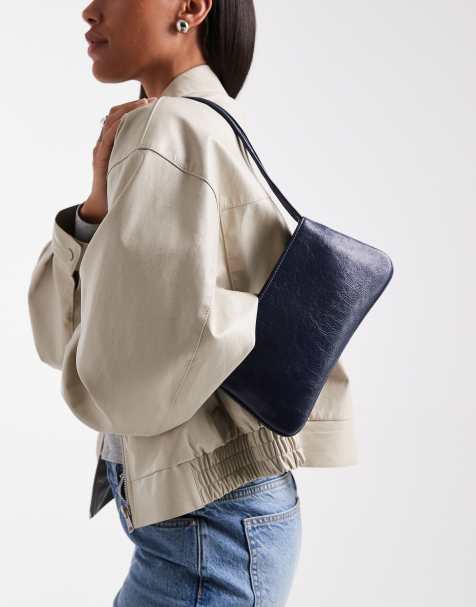 ASOS DESIGN zip top double skinny strap shoulder bag in navy - view 1