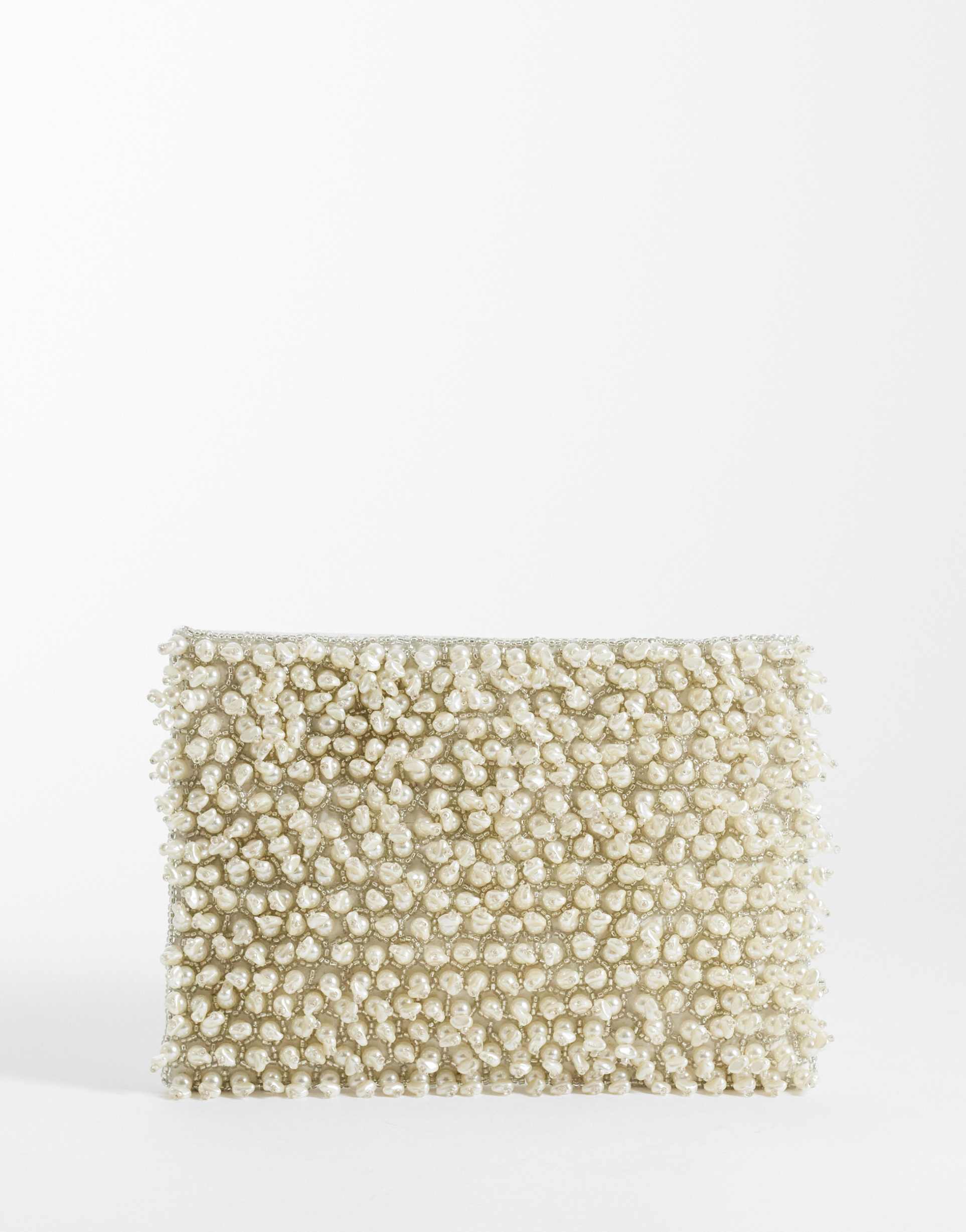 asos design zip top pearl clutch bag in cream