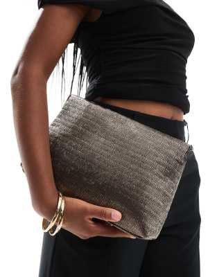 zip top textured clutch bag in gunmetal silver-Black