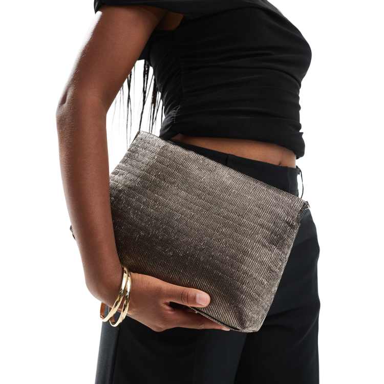 ASOS DESIGN zip top textured clutch bag in gunmetal silver ASOS