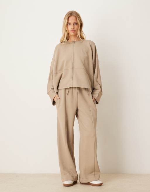 ASOS DESIGN zip up bomber jacket in sweatshirt fabric in khaki - part of a set