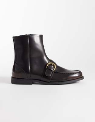 Asos Design Zip Up Boots With Buckle Detail In Brown