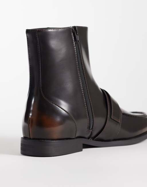 ASOS DESIGN zip up boots with buckle detail in brown, 4 of 4