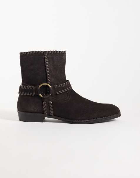 ASOS DESIGN zip up boots with cuban heel and leather detailing in dark brown suede - view 1