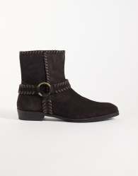 ASOS DESIGN zip up boots with cuban heel and leather detailing in dark brown suede