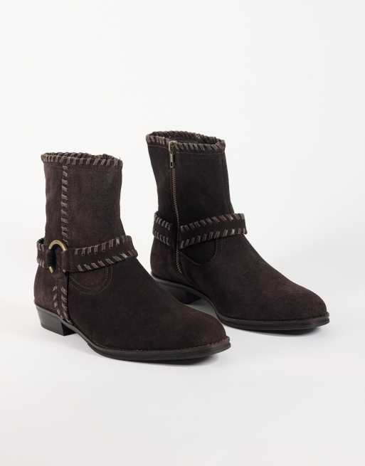 ASOS DESIGN zip up boots with cuban heel and leather detailing in dark brown suede, 2 of 4