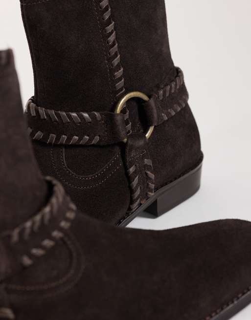 ASOS DESIGN zip up boots with cuban heel and leather detailing in dark brown suede, 3 of 4