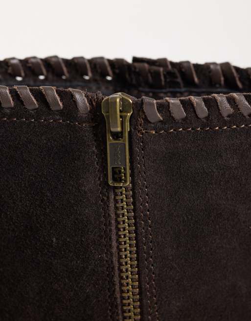 ASOS DESIGN zip up boots with cuban heel and leather detailing in dark brown suede, 4 of 4