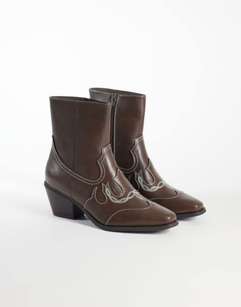 ASOS DESIGN zip up boots with cuban heel and western detailing in brown - view 1