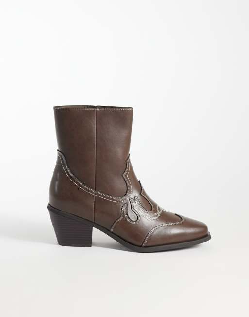ASOS DESIGN zip up boots with cuban heel and western detailing in brown, 2 of 4
