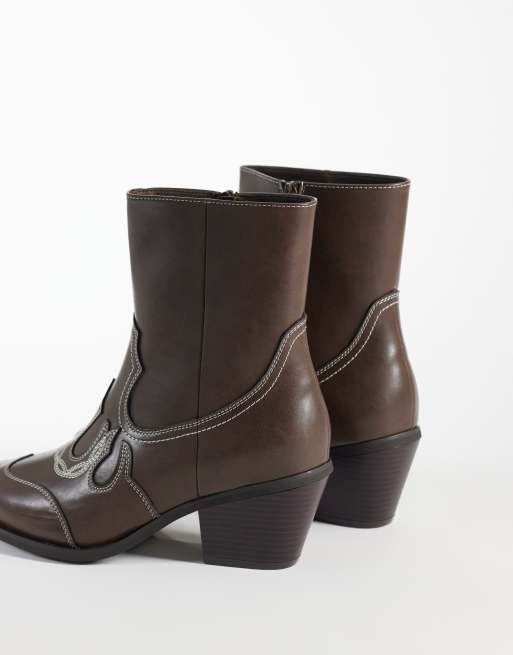 ASOS DESIGN zip up boots with cuban heel and western detailing in brown, 4 of 4
