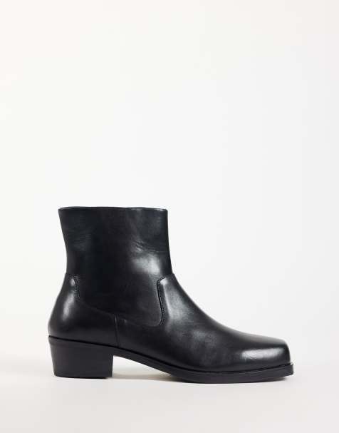 ASOS DESIGN zip up boots with cuban heel in black leather - view 1