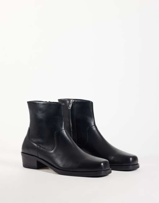 ASOS DESIGN zip up boots with cuban heel in black leather, 2 of 4